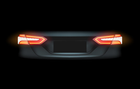Realistic automotive auto car led glowing intellectual laser matrix xenon headlights front back rear lights bars vector realistic illustration isolated on dark black background.のイラスト素材