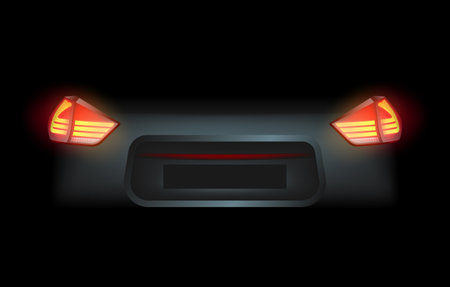 Realistic automotive auto car led glowing intellectual laser matrix xenon headlights front back rear lights bars vector realistic illustration isolated on dark black background.のイラスト素材