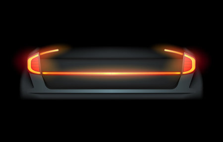 Realistic automotive auto car led glowing intellectual laser matrix xenon headlights front back rear lights bars vector realistic illustration isolated on dark black background.のイラスト素材