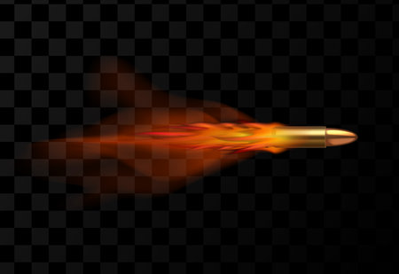 Realistic flying bullet with red trail of fire isolated on transparent dark background, vector illustration.のイラスト素材