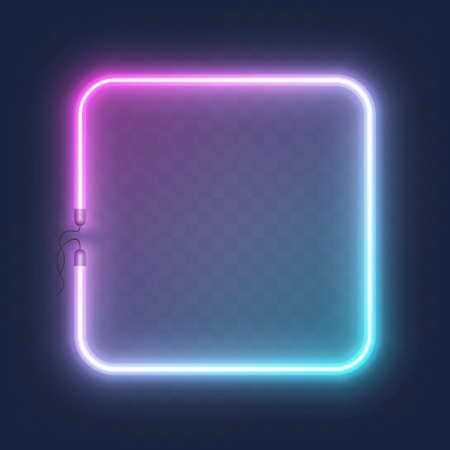 Realistic glowing shape neon square frame isolated on transparent background. Shining and glowing neon effect with wires, Vector illustrationのイラスト素材