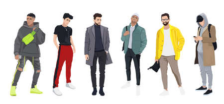 Set of men dressed in stylish trendy clothes, trendy guys, models in modern street style, autumn looks - jackets, coats, baseball caps, joggers vector male cartoon characters, vector illustrationのイラスト素材