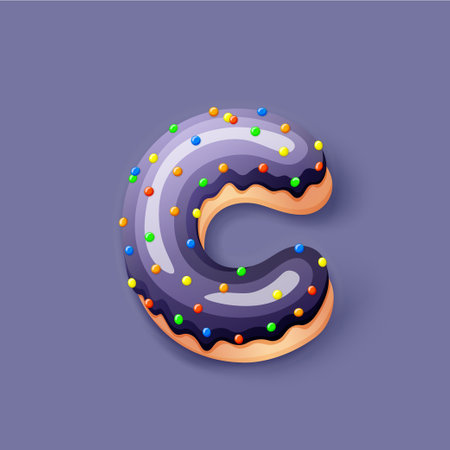 Donut icing dark blue upper latters - C Font of donuts. Bakery sweet alphabet. Donut alphabet latter C isolated on dark blue background, vector illustration.のイラスト素材