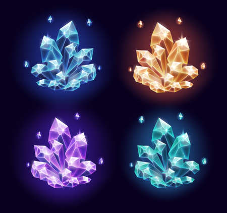 Magic crystals resources set on dark background. Vector illustrationのイラスト素材