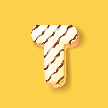 Donut icing white upper latter - T Font of donuts. Bakery sweet alphabet. Donut alphabet latter T isolated on yellow background, vector illustrationのイラスト素材