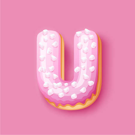 Donut icing pink upper latters - U Font of donuts. Bakery sweet alphabet. Donut alphabet latter U isolated on pink background, vector illustrationのイラスト素材