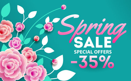 Spring sale banner, special offer, advertising with pink flowersのイラスト素材