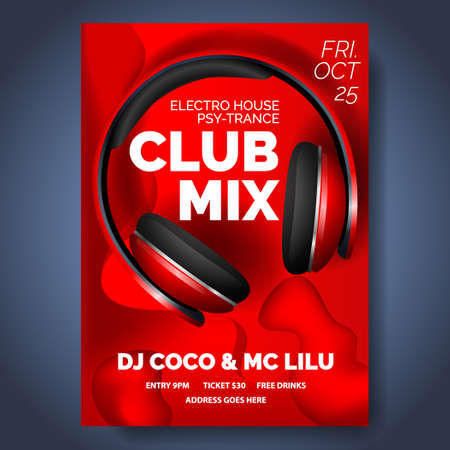 Club poster with headphones, dance party, fluid design flyer, invitation, banner template.のイラスト素材