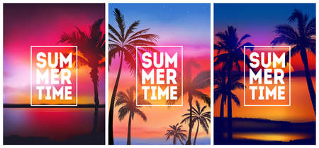 Summer tropical backgrounds set with palms, sky and sunset. Summer placard poster flyer invitation card. Summertime. Vector illustrationのイラスト素材