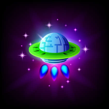 Ufo alien spaceship on the background of space and stars icon, vector illustration.のイラスト素材