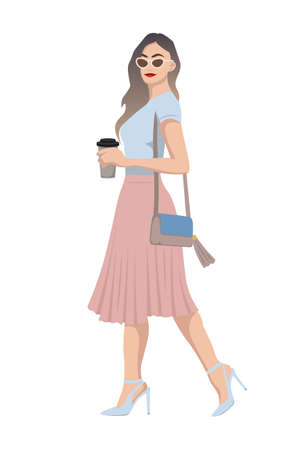 Women on high heels dressed in stylish trendy clothes - female fashion illustrationのイラスト素材