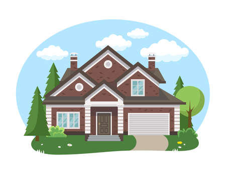 Cartoon house exterior with blue clouded sky Front Home Architecture Concept Flat Design Style. Vector illustration of Facade Buildingのイラスト素材