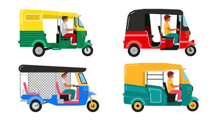 Set Indian motor rickshaw car. Asian tuk tuk. Vector illustrationのイラスト素材