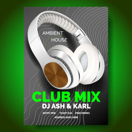Club poster with headphones, dance party, fluid design flyer, invitation, banner template, dj music event, colorful White and pearl headphones, vector illustrationのイラスト素材