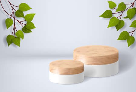 White wooden podium on a white background with leaves. product presentation, mockup, cosmetic product display, pedestal or platform. 3d vector illustrationのイラスト素材