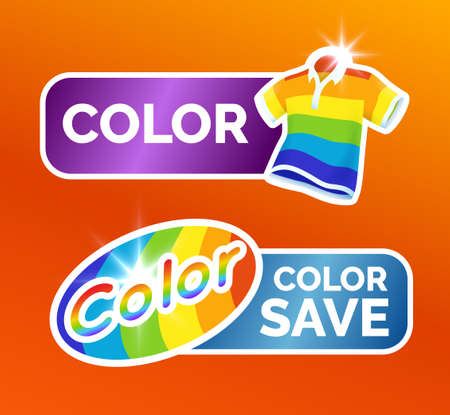 Washing clothes stickers set, Polo shirt and colorful garment symbols for label, color icon set, vector illustration isolated.のイラスト素材