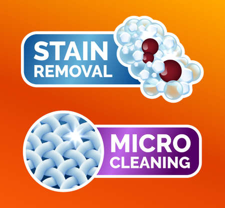 A set of stickers for washing clothes, stickers - micro-cleaning, stain removal, best washing quality, crystal white. Clean linen, fibers, isolated icons, vector illustrationのイラスト素材
