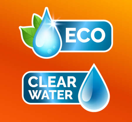 Laundry sticker icons set, laundry detergent, washing machine - eco cleaning and water softening, quality improvement. Blue water drops with leaves vector icons.のイラスト素材