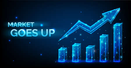 Increase in the exchange rate or stocks in the market goes up, bull market - low polygonal diagram with an upward arrow, vector illustrationのイラスト素材