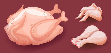 Whole raw chicken meat icons, wings and drumsticks, vector illustrationのイラスト素材
