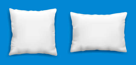 Clean white pillows mockup isolated on blue background, vector illustration in realistic style. Square cushion for relaxation and sleep template.のイラスト素材