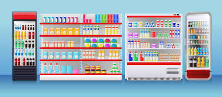 Shop fridges, refrigeration showcase with colorful product packsのイラスト素材