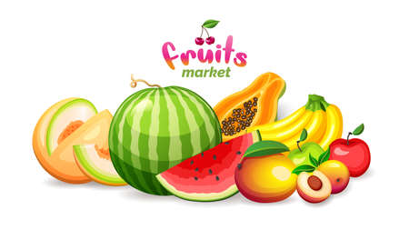 Mountain of exotic fruits on white background, fruit market store  and banner, vector illustration.のイラスト素材