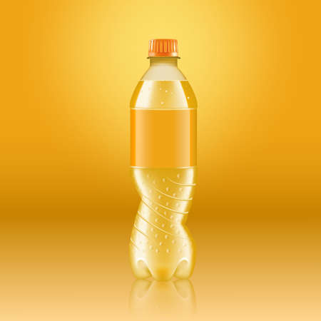 Realistic soda lemonade bottle mock up with yellow label isolated on yellow background reflected off the floor, vector illustration. Suitable for large format ads, billboards and postersのイラスト素材