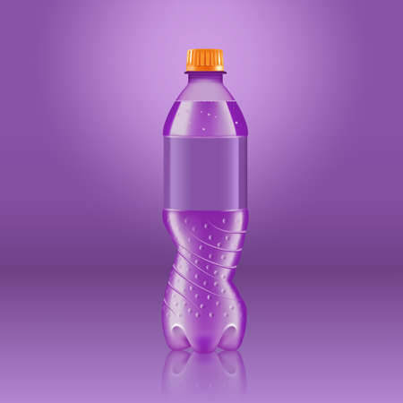 Realistic soda lemonade bottle mock up with purple label isolated on purple background reflected off the floor, vector illustration. Suitable for large format ads, billboards and postersのイラスト素材