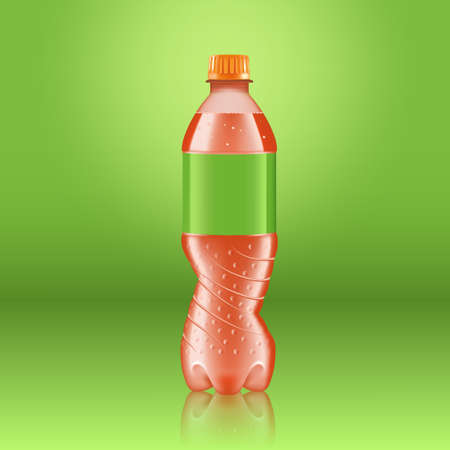 Realistic soda lemonade bottle mock up with green label isolated on green background reflected off the floor, vector illustration. Suitable for large format ads, billboards and postersのイラスト素材