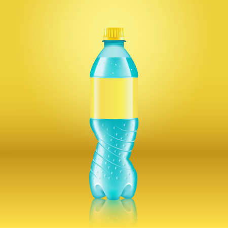 Realistic soda lemonade bottle mock up with yellow label isolated on yellow background reflected off the floor, vector illustration. Suitable for large format ads, billboards and postersのイラスト素材