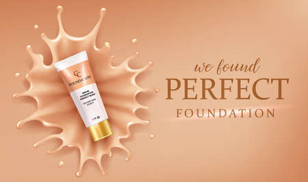 Foundation splash drops, makeup advertising design template for catalog with concealer cream packaging mock up with liquid foundation vector illustration.のイラスト素材