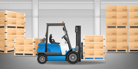 Forklift in warehouse with many boxes on a pallet vector illustration.のイラスト素材