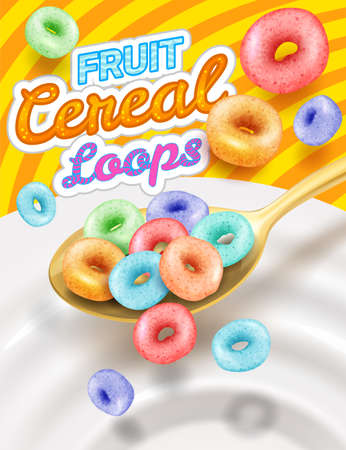 Fast breakfast - round colored cereals flakes falling into milk from spoon, product packaging mockup cover, vector illustration.のイラスト素材