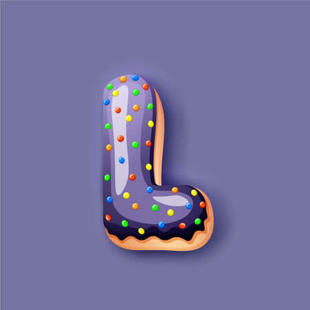 Donut icing dark blue upper latters - L Font of donuts. Bakery sweet alphabet. Donut alphabet latter L isolated on dark blue background, vector illustrationのイラスト素材