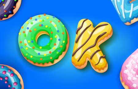 The phrase OK in the form of sweet donuts covered with icing and chocolate, vector illustrationのイラスト素材