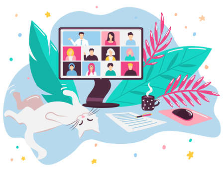 Working from home Video conference call using an app like Zoom during lockdown. Cat watching video meeting.のイラスト素材