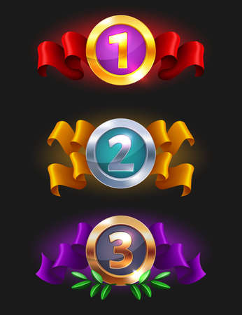 1,2,3 place medals icon - Game rating icons with medals. Level results vector icon design for game, ui, banner, design for app, interface, game development, playing slots and rouletteのイラスト素材
