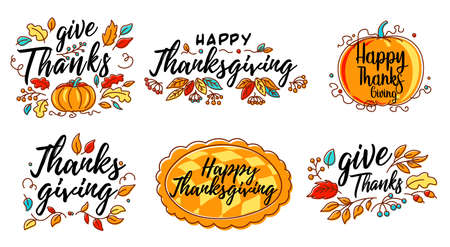 Set of Vector Hand drawn Happy Thanksgiving typography in autumn wreath banner. Celebration text with berries and leaves for postcard, icon or badge.のイラスト素材