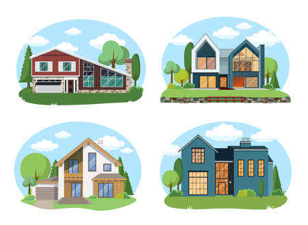 Vector Buildings Set. Flat Design Houses set Isolated on White Background.のイラスト素材