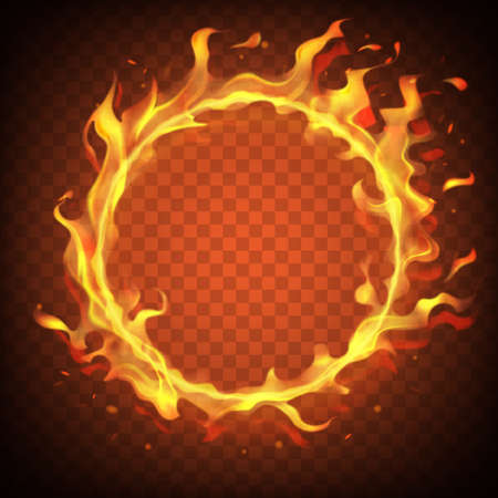 Realistic round light fire flame frame, vector template illustration on transparent backgroundのイラスト素材