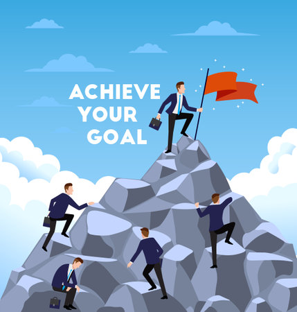 Business people climb the mountain. Achievement of success goal using flat leadership concept, career climb, job competition. Inscription - achieve your goal. Vector illustration.のイラスト素材