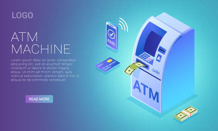 Cash terminal, isometric contactless ATM withdrawal from phone or credit card, vector landing page illustration.のイラスト素材