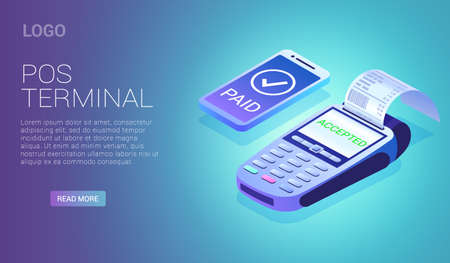 Isometric mobile payment pos terminal - cardless nfc wifi payment concept, vector illustration landing pageのイラスト素材