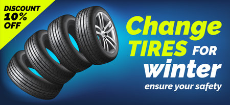 Car tires shop banner with discount offer, blue background. Brochure template with automobile wheels sale ad, vector illustrationのイラスト素材