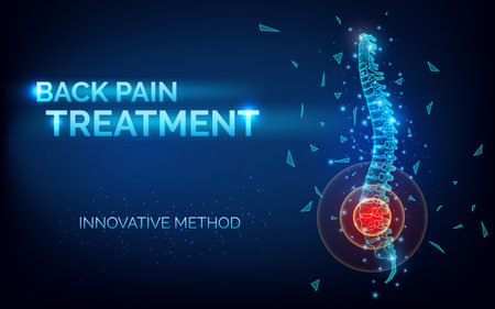 Back pain spine treatment, innovative method - abstract 3d image of the spine banner for clinic, orthopedist, surgery and traumatology, rehabilitation after back injury, vector illustration.のイラスト素材