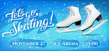 Lets go skating flyer with pair of white classic ice skates on blue ice background, vector template.のイラスト素材