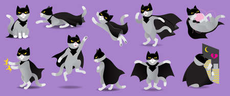 Set of superhero or villain cat in black mask and cloakのイラスト素材