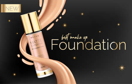 Foundation makeup, advertising design template for catalog with concealer, BB cream packaging tube mock up with liquid foundation in the background vector illustration.のイラスト素材