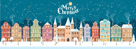Snowy Christmas night in cozy town city panorama with castle. Winter village landscape, flat style, Merry Christmas lettering, vector illustrationのイラスト素材